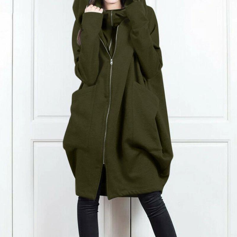Hooded Pocket Hoodie Zipper Mid Length Fake Two Piece Loose Jacket for Women