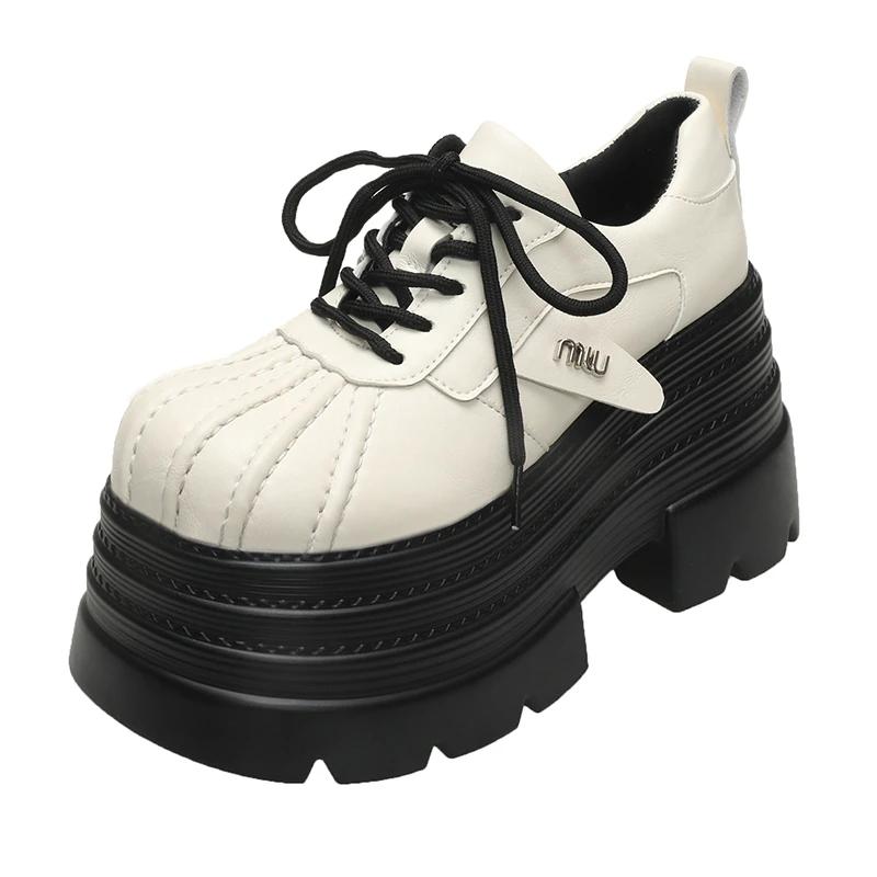 New  Spring Women's Leather Sneakers High Platform Lace-up Casual Shoes Thick Sole 10CM Heels Walking Shoes  Mujer