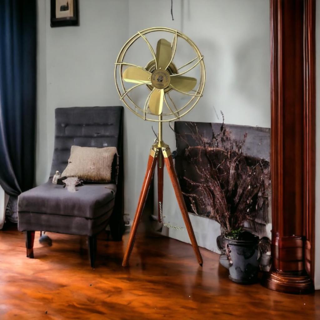 Floor Fan Nautical Brass Antique Finish with Brown Wood Tripod Pedestal Floor Fan | Retro Industrial Modern Twist with Unique Design Decor