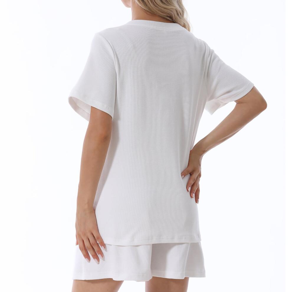 Womens Maternity Nursing Outfit Shirts Short Sleeved and Shorts Set V Neck Zipper Breastfeeding Tops Ladies Loungewear White S