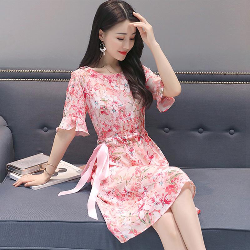 Women Summer Tight Waist Flare Sleeve Floral Printing Lacing Dress