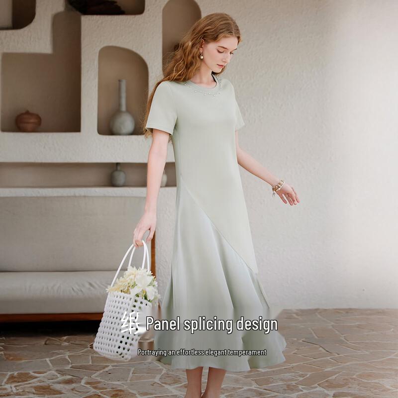 Xiangying 2026 Summer Knitted Satin Patchwork A-line Midi Dress