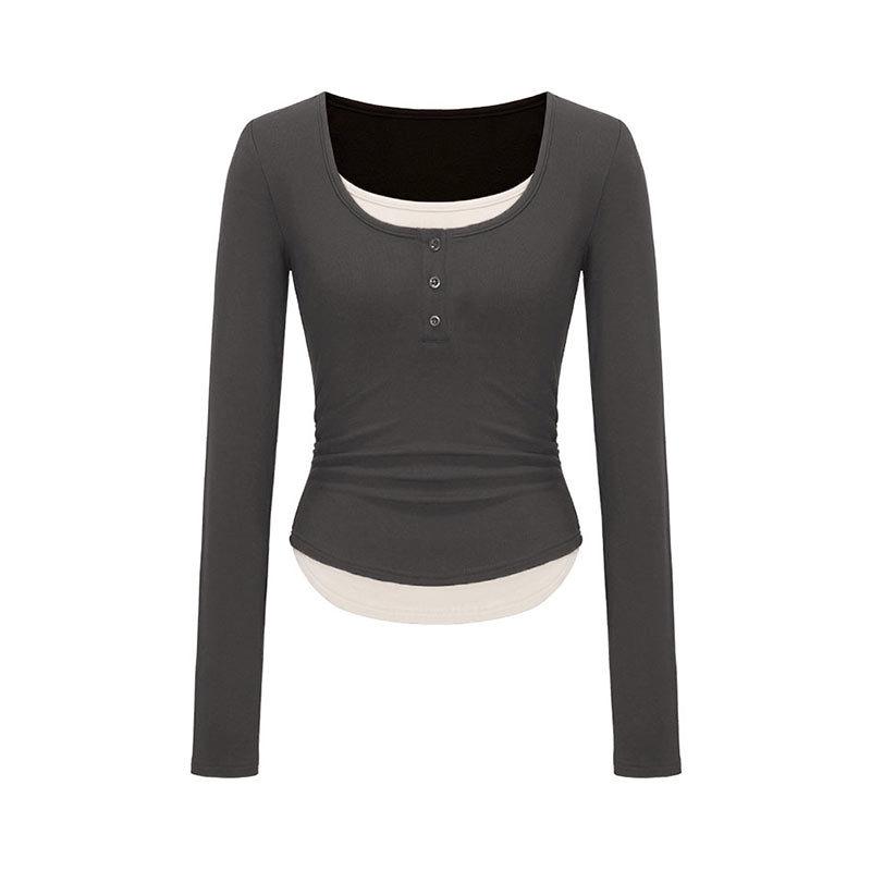 

Женская весенне-летняя двухслойная приталенная футболка с длинным рукавом и цветными блоками XL (60-68 kg)