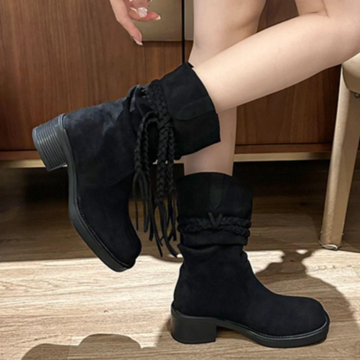 

Fashion Women Boots Trend Retro Thick Heel Western Female Shoes Botas De Mujer Long Tube Slim Look Stacked Middle Tube Boots size 35-43 35 чёрный