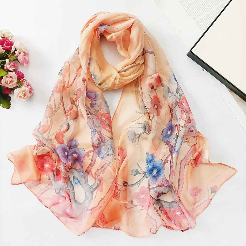 Lotus Geogette Medium-Long Silk Printed Scarf Summer Sunscreen Shawl Mom Gift Style Dance Versatile