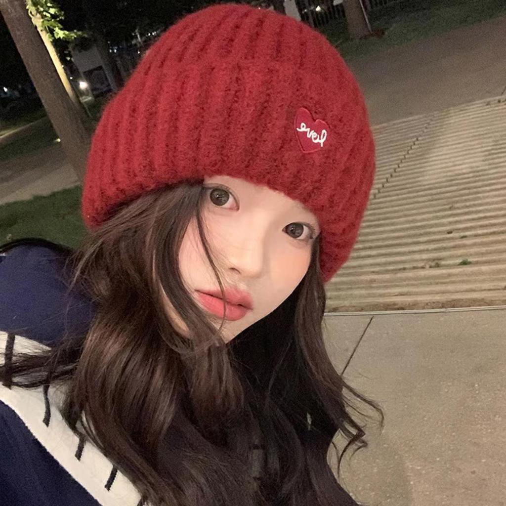Love Heart Embroidered Beanie Cap for Women Thicken Warm Woolen Knitted Elastic Ear Protection Skullcap Outdoor Ski Snow Hats