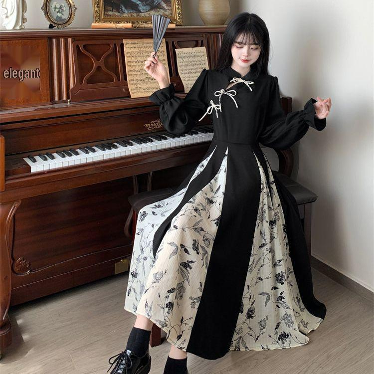 Plus Size Elegant High-End Retro Chinese Long Sleeve Floral Qipao Dress for Women - Autumn