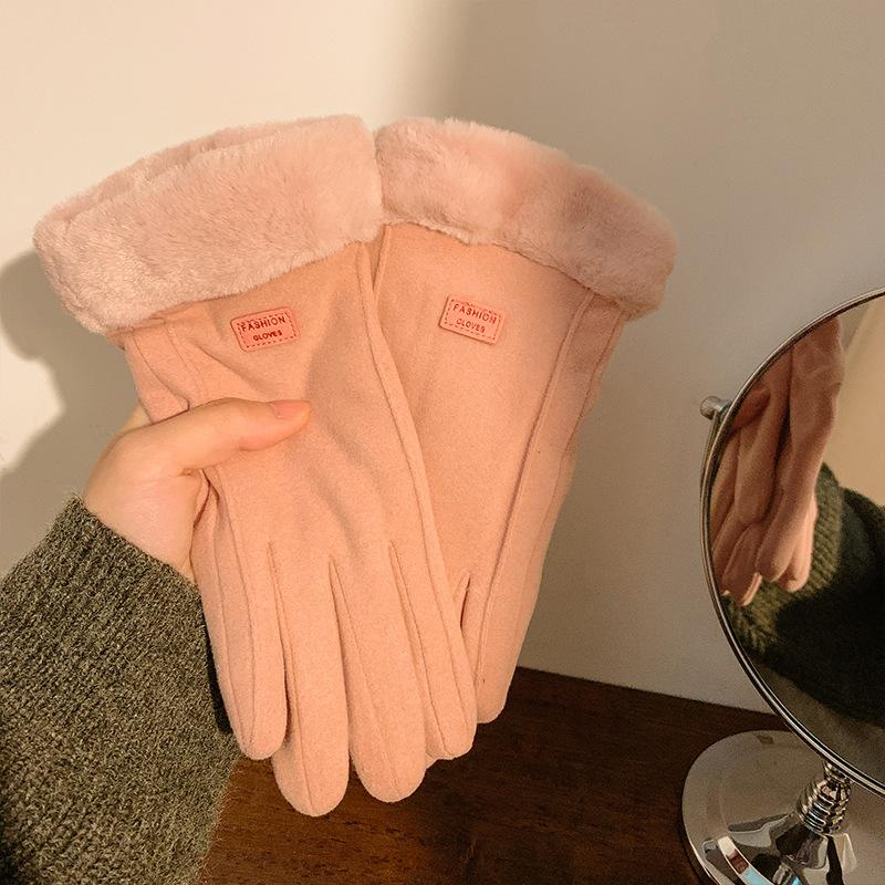 Suede gloves winter women's fleece thickened