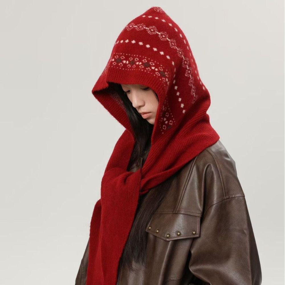 Fair Isle Style Jacquard Balaclava Hat Scarf Cap Winter Cap Cute Ear Protection Hat  Streetwear