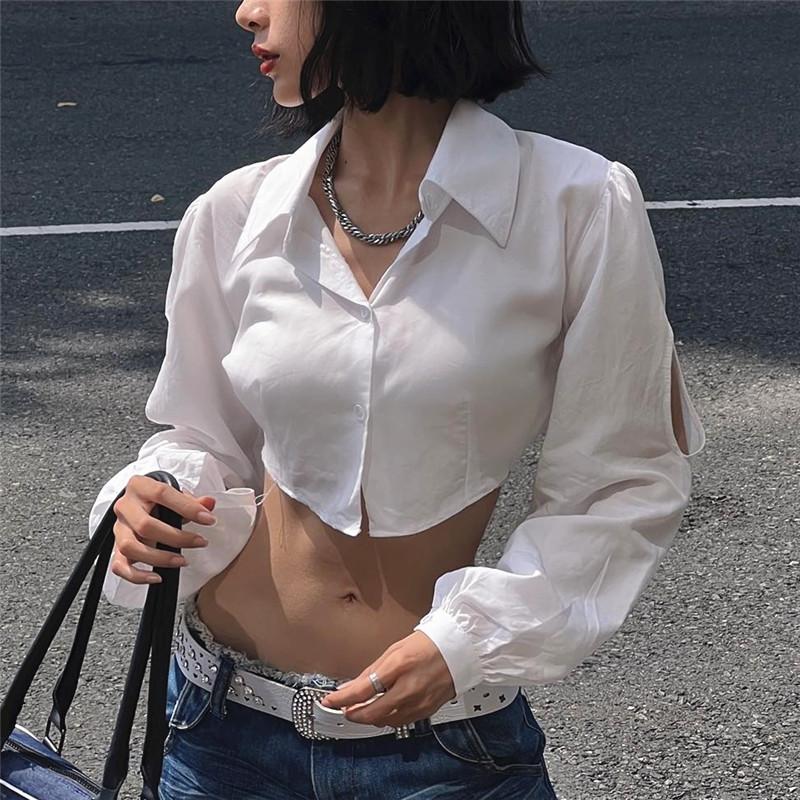 Puff Langarm Lässig Einfarbig Slim V-Ausschnitt Aushöhlen Crop Top