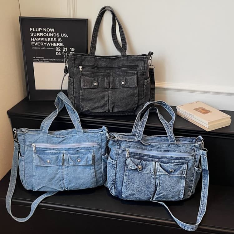 Gewaschene Denim-Tragetasche mit mehreren Taschen Damen-Umhängetasche