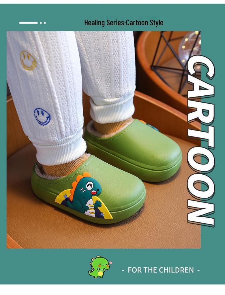 Rabbit & Dinosaur Kids' Cotton Slippers - Waterproof, Non-Slip, Thickened Cartoon Fur for Autumn & Winter. Suitable for Boys & Girls.