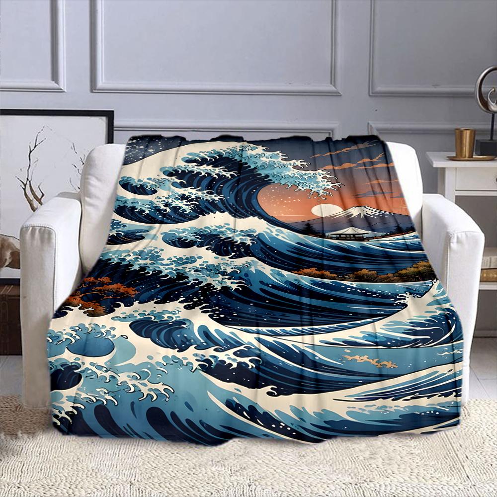 Great Wave-Inspired Japanese Seascape Art Patterned flannel blanket perfect for the bedroom living room, sofa, or a little nap