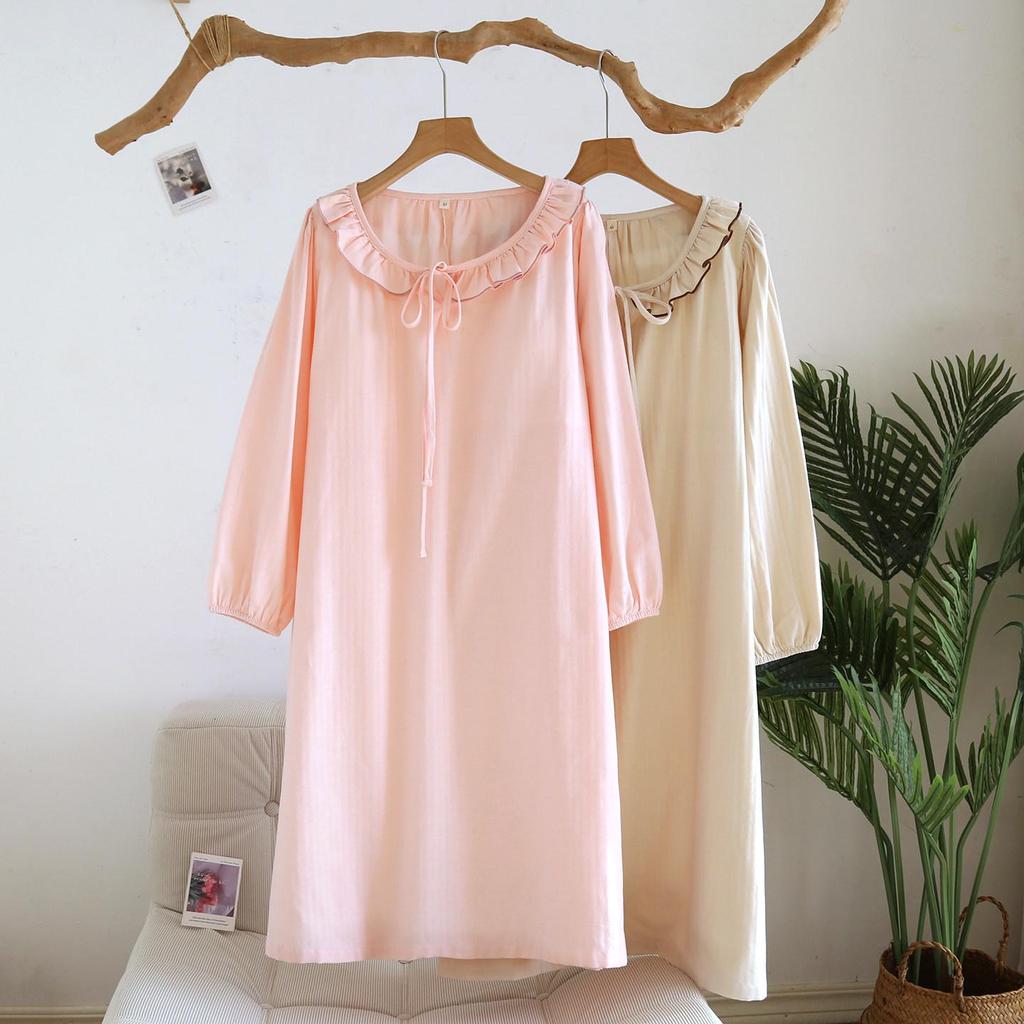 Women's Pure Cotton Gauze Nightgown with Built-in Bra, Round Neck, Lace, Versatile for Home or Outdoor Wear