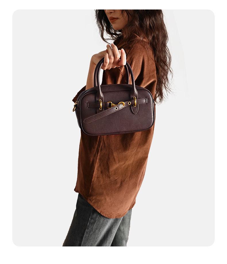 Exklusiv Retro Boston Bowling Handväska i Äkta Läder - Snygg Axelremsväska & Pendlarväska för Kvinnor