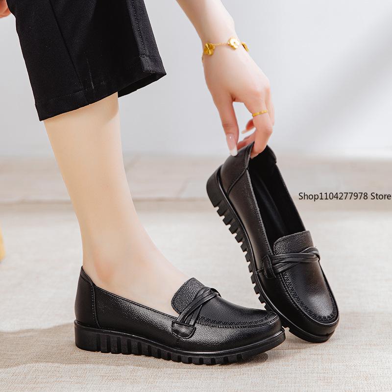 Fashion Pu Leathe Rwomen's Shoes Casual Women's Single Shoes First Layer Leather Non-slip Soft-soled Shoes Middle-aged Loafers