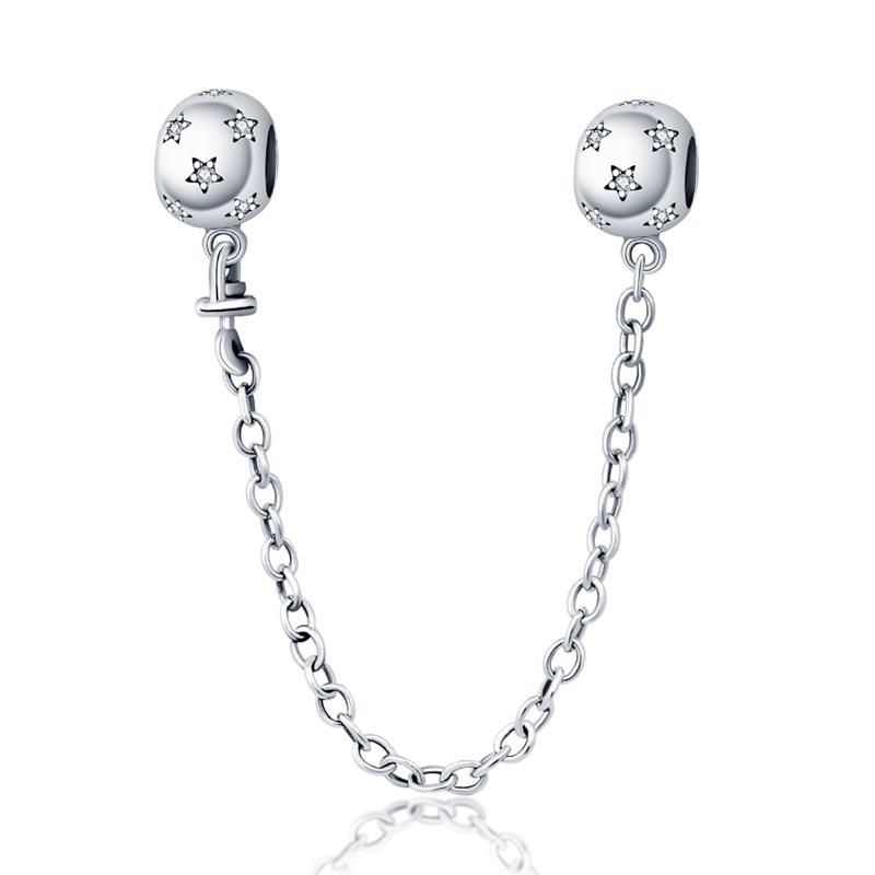 925 Silver Fashion Star Moon Safety Chain Spacer Beads Charm Beads for Original Bracelet Beautiful DIY Jewelry