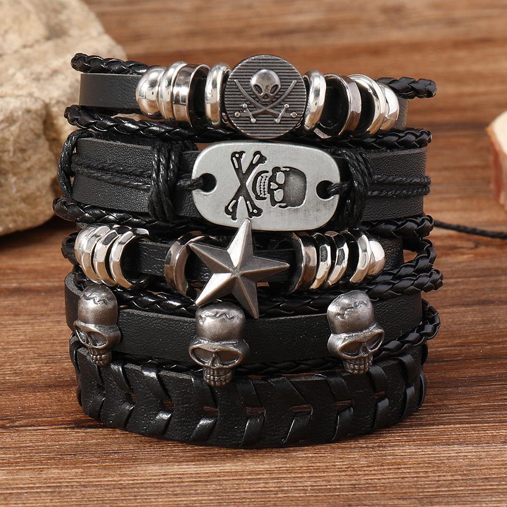Armbandset med flerskiktat läder och skalle, nit - femdelat mode för män