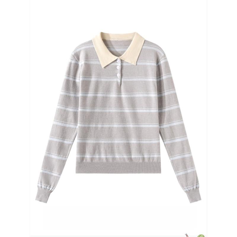A New Design Striped Polo Neck Knitted Sweater for Women In Autumn and Winter, A Versatile, Slimming and Figure-hugging Long-sleeved Top