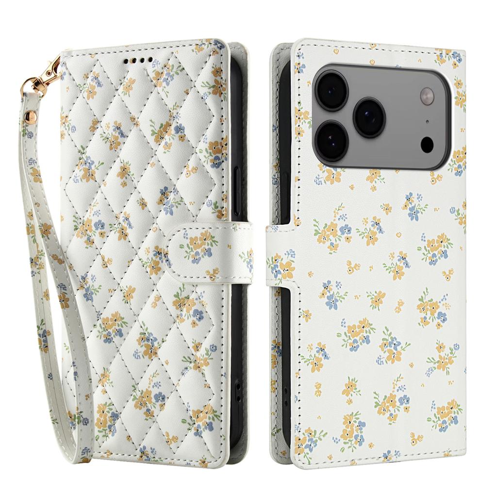 Für iPhone 17 Pro Max Brieftaschenhülle Rautenmuster Blumendesign Leder Klapphandyhülle mit Riemen