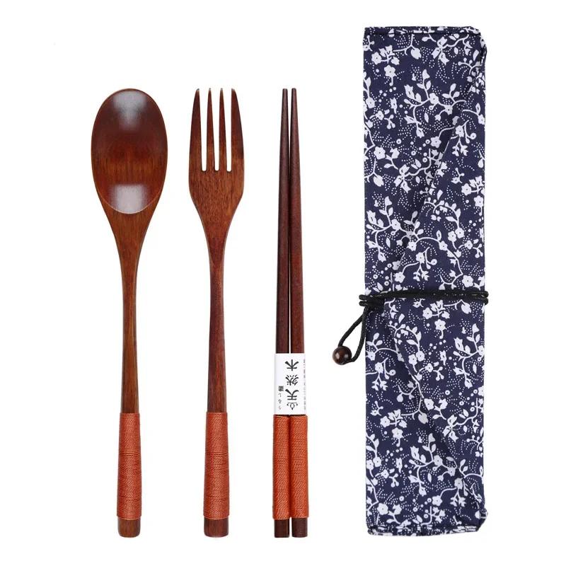 Wooden Spoon Fork Chopsticks Set Japanese Style Wood Cutlery Set Portable Outdoor Camping Picnic Tableware with Cotton Pouch