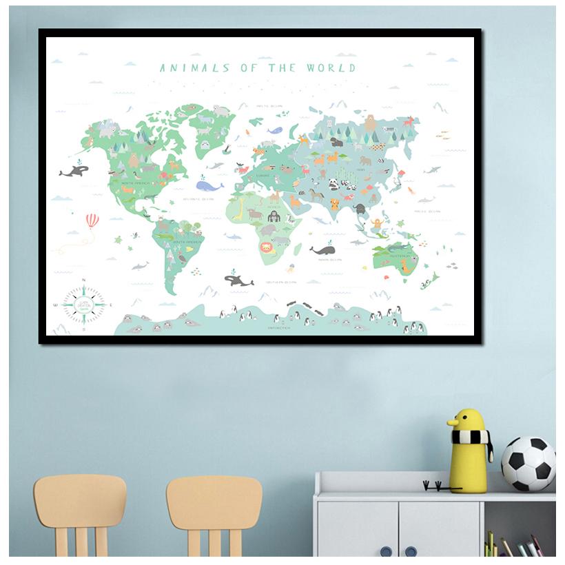 Animal Illustration World Map Wall Art Picture Kindergarten Printing and Painting Education Poster