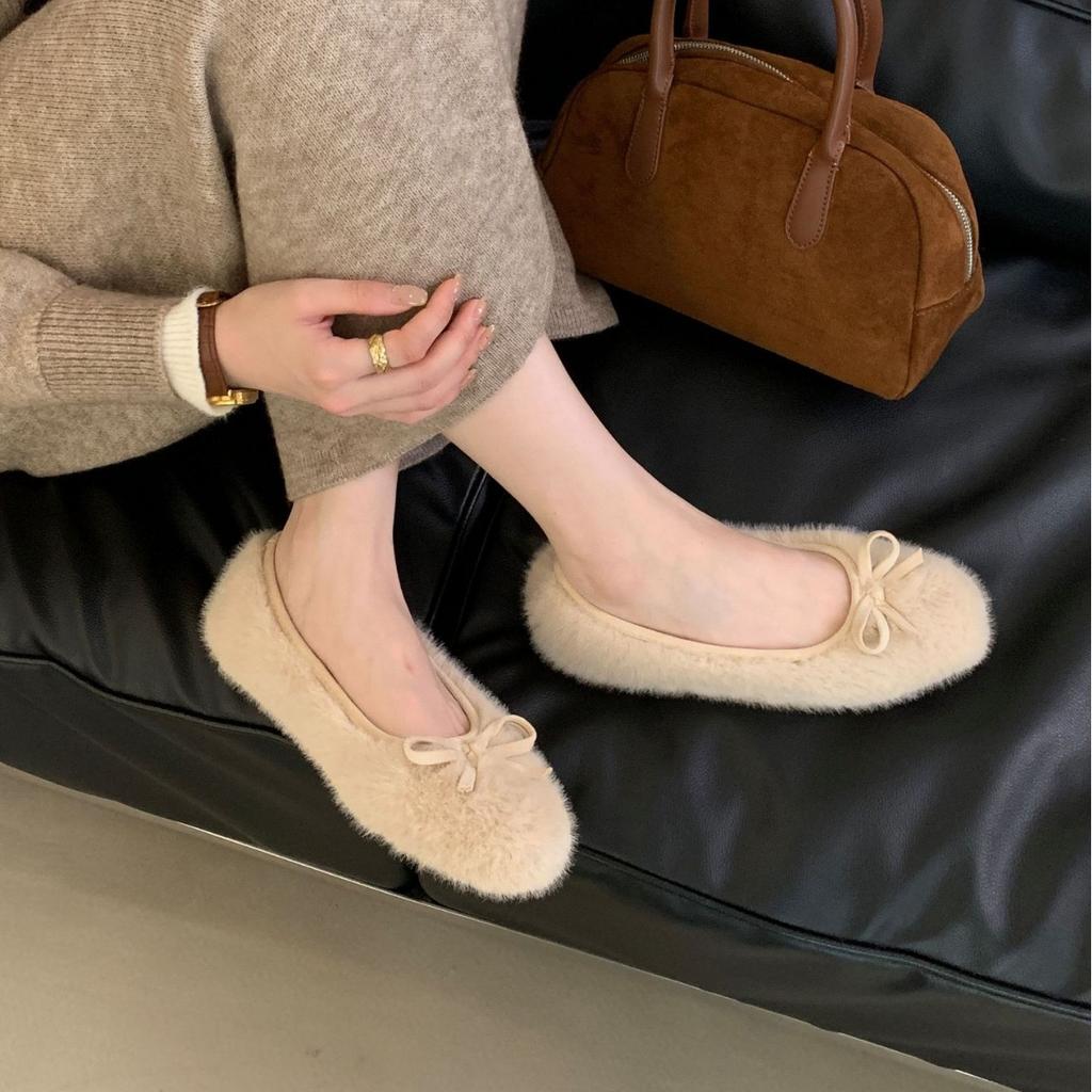 2025 podzim a zima nové hranaté norkové chmýří fleece mašle silná podrážka balerínky dámské jednoduché boty plochá podrážka