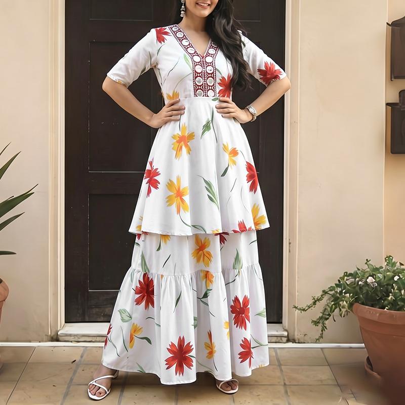 ZANZEA Women Short Sleeve Blouse and Long Skirts Floral Print Two Piece Suit Sets