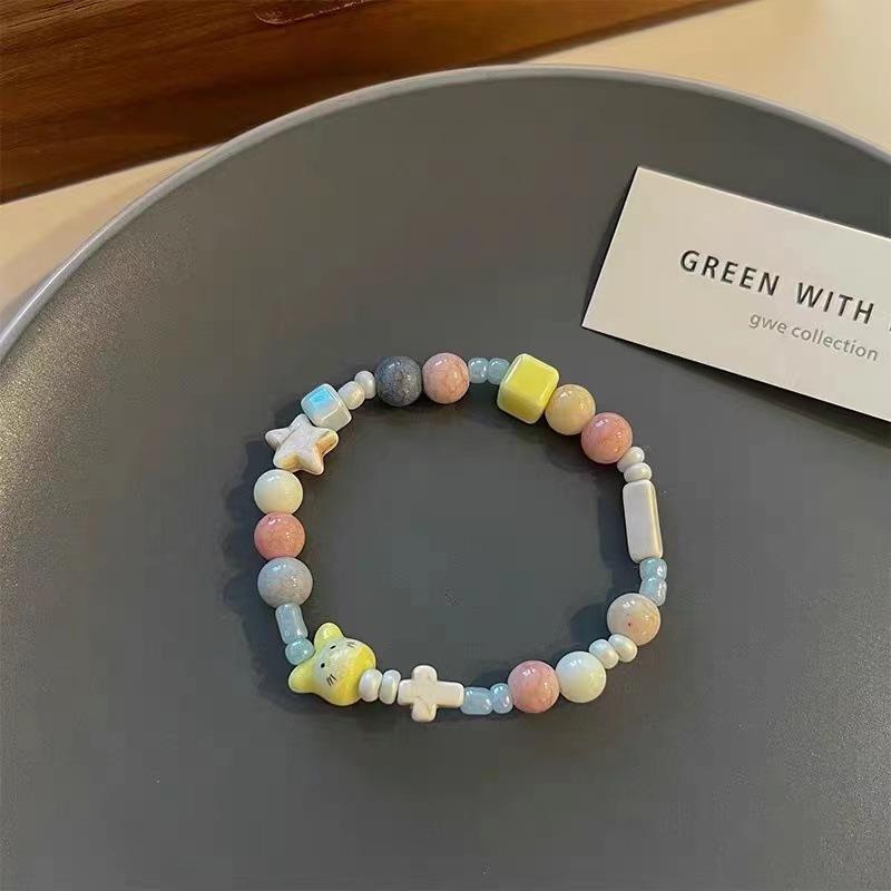 

Adorable Rabbit Pink Ceramic Bead Bracelet Handcrafted Sweet Jewelry Summer Yellow Rabbit Ceramic