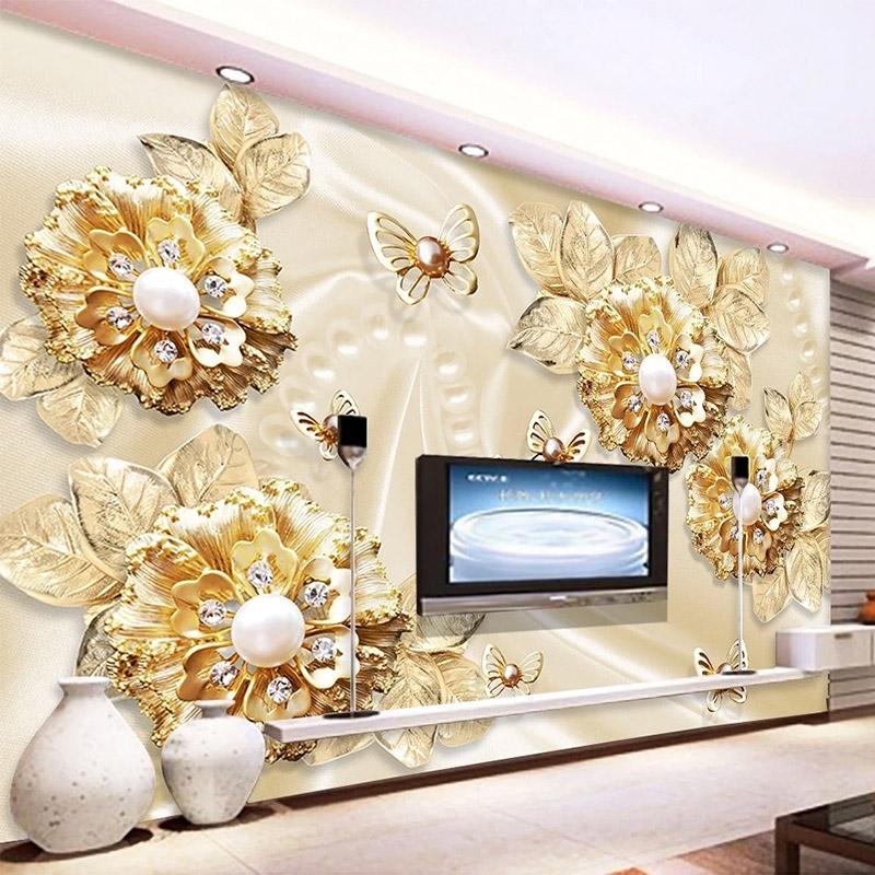Carta da parati 3d Stereo Lusso Oro Fiore Gioielli Murales Soggiorno Parete Sfondo TV Decorazione Casa