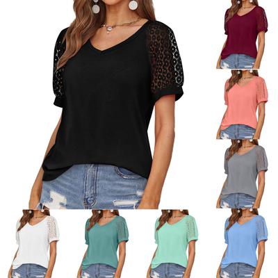Camicia a maniche corte in pizzo da donna T-shirt con scollo a V Top eleganti e casual Top raglan a maniche corte in pizzo Pannello a maniche corte Comodo top in cotone