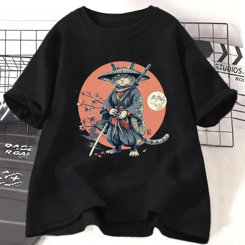 Samurai Cat Print Tshirts Summer Casual Harajuku Fashion Unisex Streetwear Y2K Short Sleeve Tops Oversize ONeck Tshirts