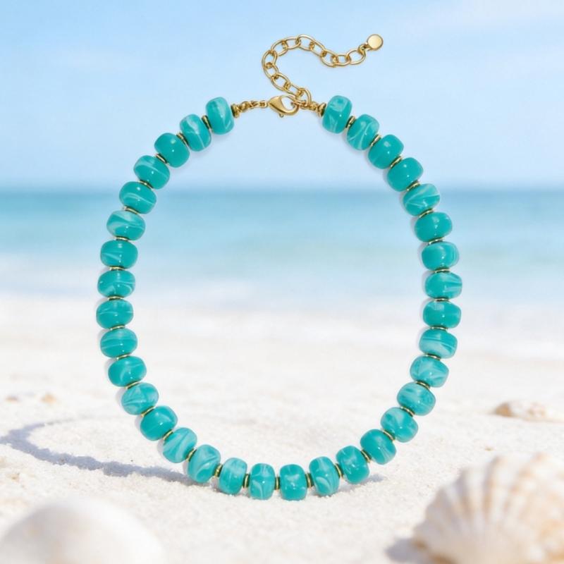 Adjustable Collarbone Necklace with Bold Rounded Resin Beads, Lobster Clasp, Extension Chain and Gold-Tone Spacers