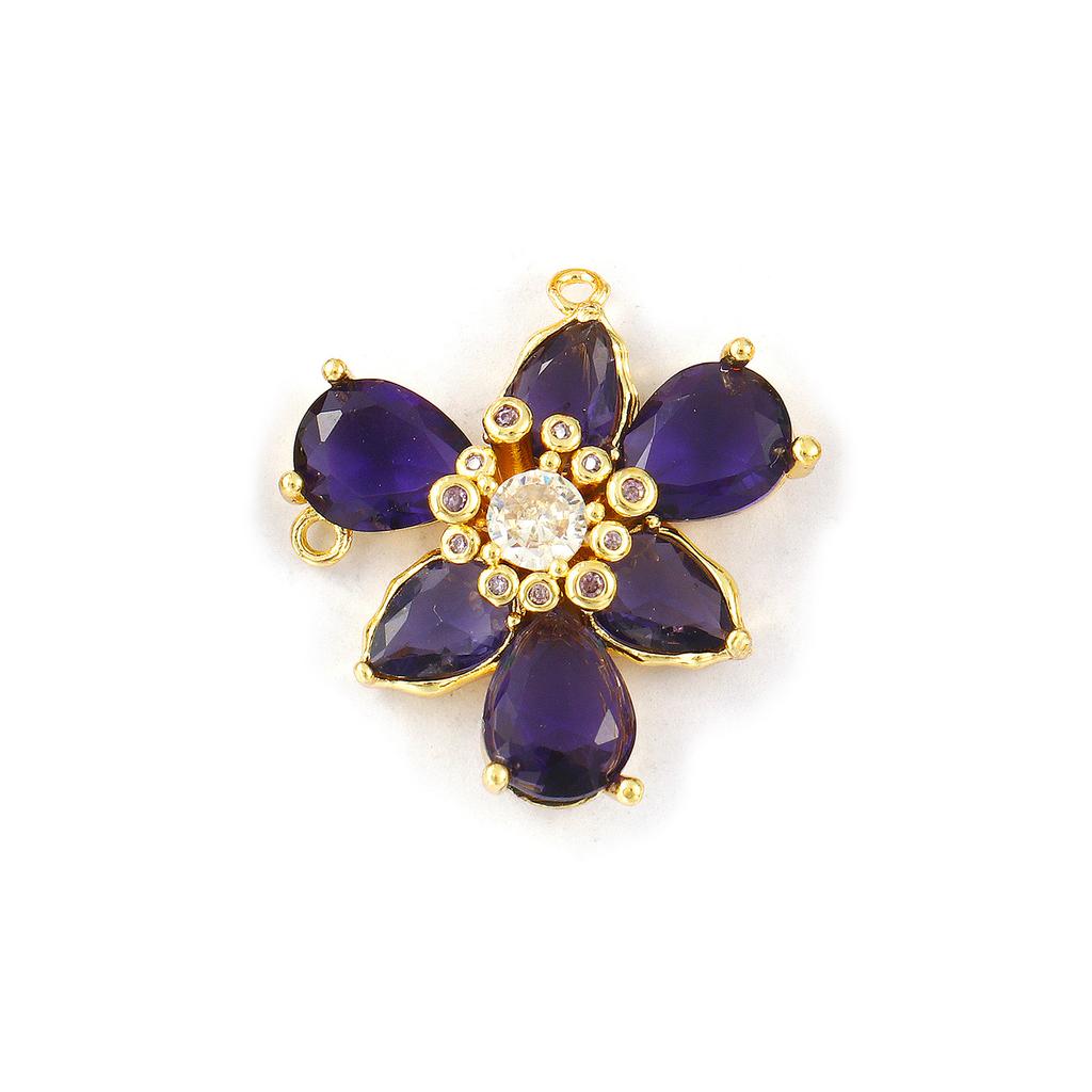 1 Piece Brass & Glass Flower Connectors Charms Pendants 18K Gold Plated Clear Cubic Zirconia For DIY Necklace Making 23mm x 23mm