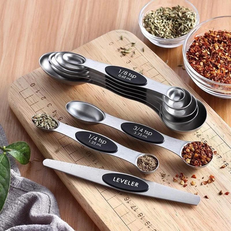 8Pcs/Set Magnetic Measuring Spoon Set Stainless Steel Stackable Double-sided Teaspoons Metal Accurate for Cooking Baking Food
