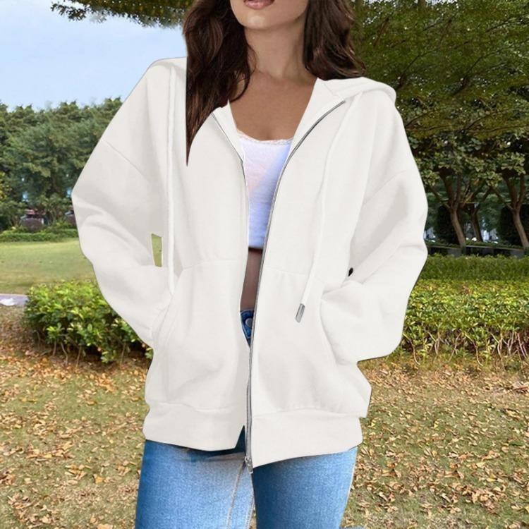 Women Fashion Casual Hooded Long Sleeve Solid Color Zippered Sweatshirt