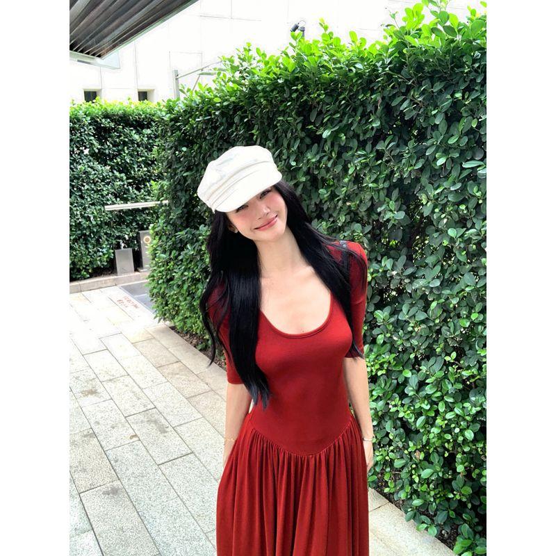 Kumikumi Simple Elegant U-Collar Short sleeve One piece Dress Women clothing Summer Niche Chic Slimming Large Swing Skirt Long dress