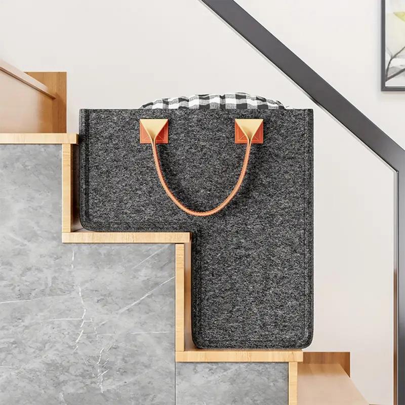 Felt Stair Storage Basket Folding Stairs Laundry Basket Staircase Basket Home Organizer Stair Storage Box with PU Leather Handle