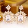 Luxury Flower Zircon Drop Earrings Gold Color Large Bridal Wedding Jewelry Women Gift