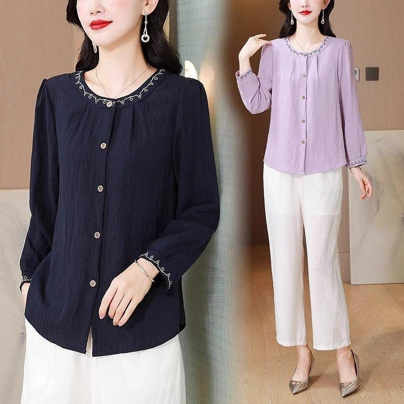 Women Literary Retro Embroidered Cotton Long Sleeve Shirt