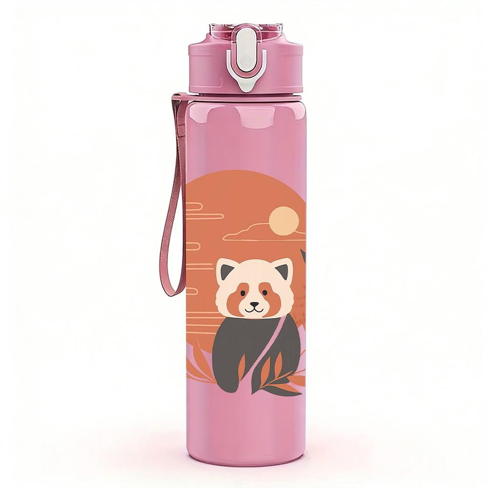 1PC Round Frame Panda Pattern 750ml Color Plastic Sports Water Bottle Leakproof Flip Straw Lid Suitable for Sports Office Home Use