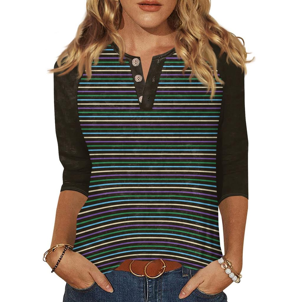 Women's T Shirt Print Button 3/4 Sleeve Daily Weekend Fashion Basic V- Neck Regular Top
