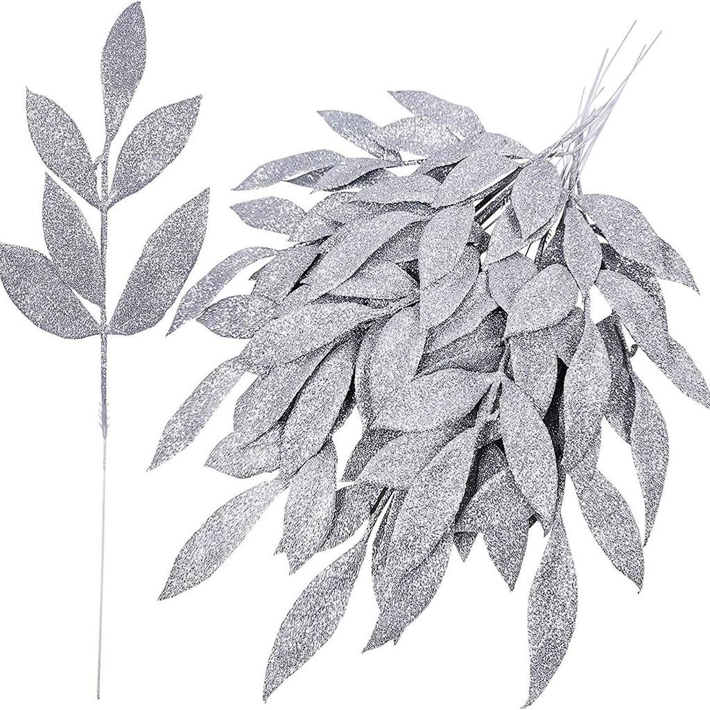 5Pcs Christmas Flash Glitter Gold Silver Leaves Xmas Tree Decoration Pendant Artificial Plants Pine Branches New Year Decor