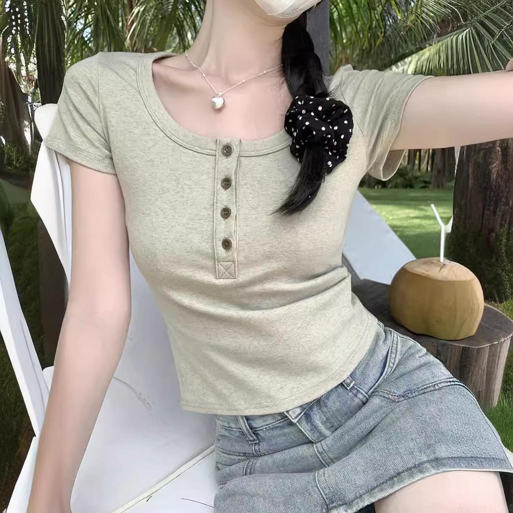 Camiseta de Cuello U de Hombro Recto y Manga Corta para Mujer en Verano Nuevo Estilo para Mujer con Clavícula Expuesta Camiseta Corta Ajustada Top Chic Pequeño