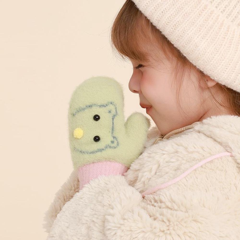 DRST30 Winter Warm Fleece Lined Mittens for Children 2-5 Years Old Cartoon Animal Pattern Neck Hanging Gloves