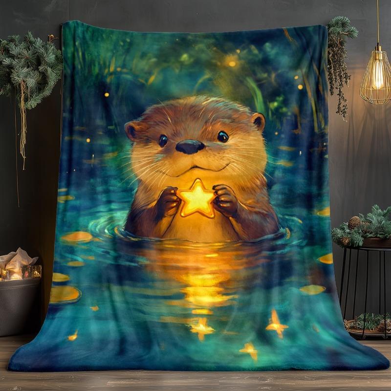 Cute Otter Holding Star Blanket Fantasy Animal Design Soft Fleece Throw Home Decor Gift Idea Magical Nature Theme Cozy Warmth