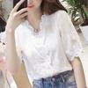 Lace Hollow Out Sweet Loose White Women's V-Neck Blouse Half Sleeves Solid Blouse Shirt