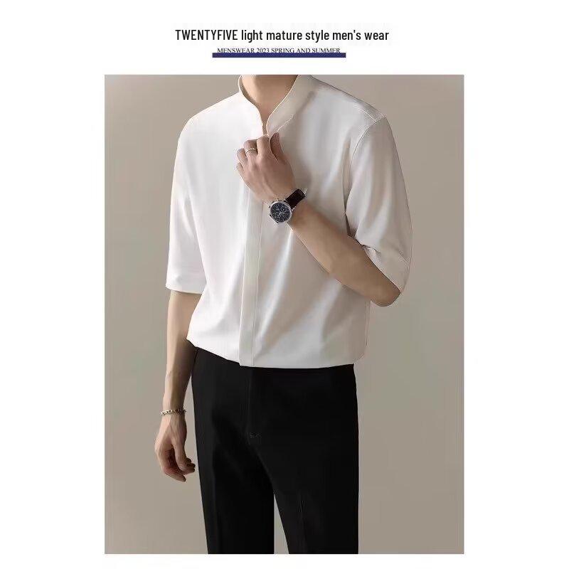 2024 Men's Ink Green Stand Collar Loose Fit Mid-Sleeve Shirt