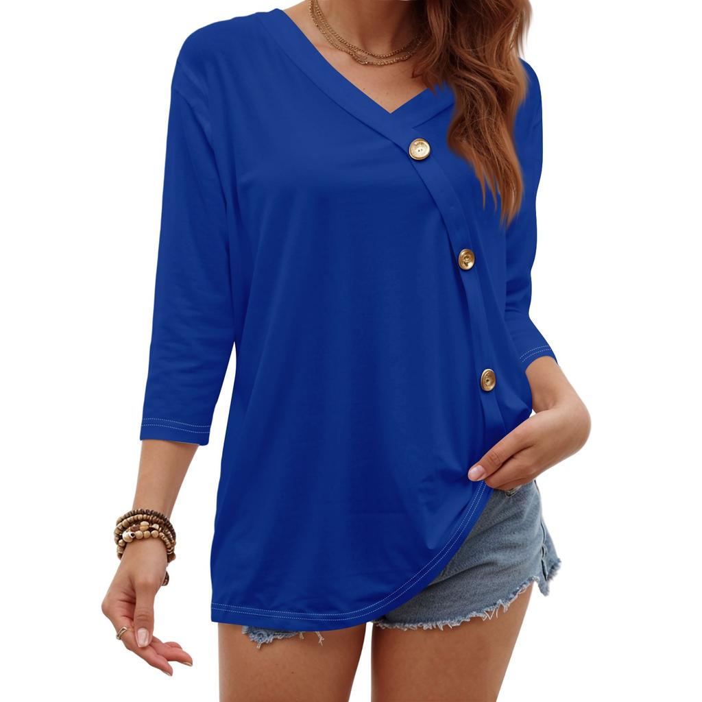 Women's Fashion Casual Three-quarter Sleeve Solid Color Button Round Neck Top
