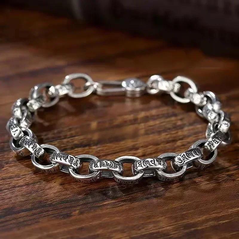 Real Solid S925 Silver New Six-Character Mantra Bracelet Men Women Retro Trend Jewelry Gift